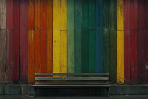 A wooden bench sitting in front of a wall photo