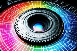A camera lens with a rainbow colored background photo