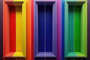 A rainbow colored wall with four different colored doors photo