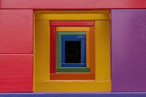 A colorful wooden building with a window in the middle photo