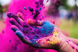 A person holding a colorful powder in their hand photo