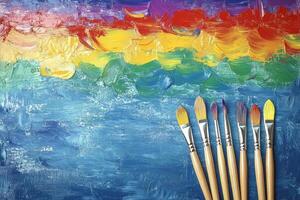Paint brushes on a rainbow background photo