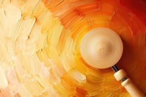 A paint brush is being used to paint a yellow and orange painting photo