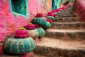 A colorful wall with stairs photo