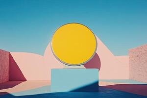 A yellow circle is sitting on a blue and pink wall photo