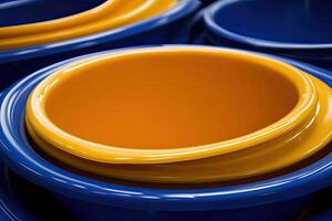 A blue bowl with a yellow rim photo