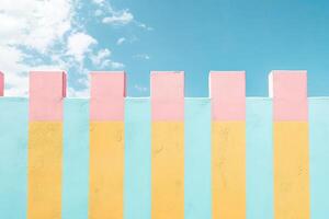 Colorful striped fence against blue sky photo