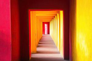 A hallway with red and yellow walls and a doorway photo