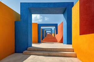 A walkway with steps leading to a colorful building photo