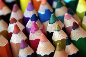 Many colored pencils are arranged in a row photo