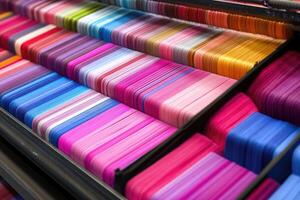 Colorful fabric samples in a store photo