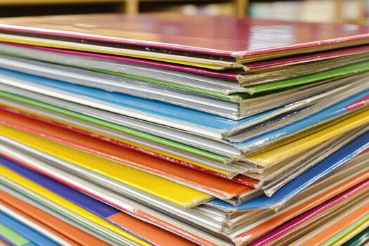 A stack of colorful books in a library photo