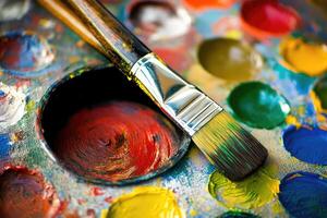 A paint brush and palette with paint on it photo