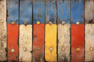 Colorful wooden fence with painted nails photo