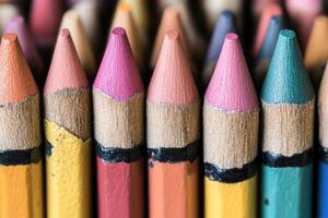 Many colored pencils are lined up in a row photo