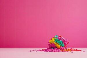 A colorful powder ball sitting on a table with a pink background photo