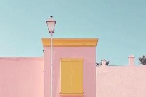 A pink building with yellow shutters and a street lamp photo