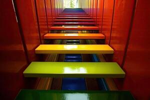 A stairway with colorful steps in a red building photo