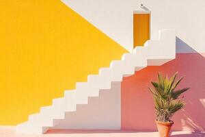A yellow, pink and white wall with a staircase photo