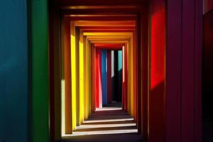 A colorful hallway with many different colored wooden poles photo