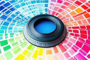 Colorful mosaic background with a camera lens and a color wheel photo