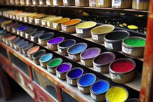 Colorful paint cans on a shelf photo
