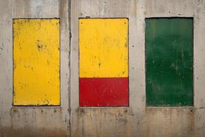 A wall with three different colored doors photo