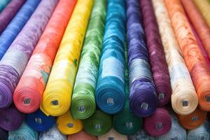 A large pile of colorful fabric rolls photo