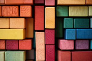 Colorful wooden blocks stacked up in a row photo