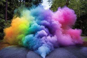 A rainbow colored smoke cloud is blowing out of the road photo