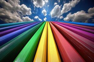 Colorful pencils against a blue sky with clouds photo
