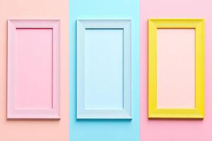 Three empty frames on a pink, blue and yellow background photo