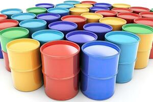 Many colorful barrels of oil are arranged in a heart shape photo