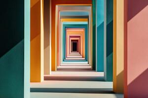 A colorful hallway with a light shining through it photo