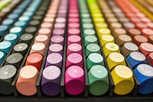 A close up of a large pile of colored crayons photo
