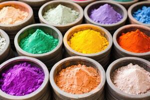 Colorful powders in wooden bowls photo