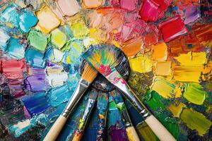 Paint brushes and paint palette on a palette photo
