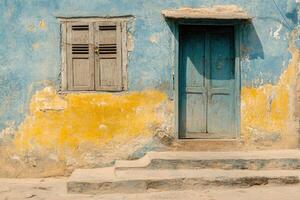A blue door with a yellow door photo