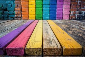 Colorful wooden planks against a brick wall photo