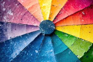 A close up of a colorful wheel with a black center photo