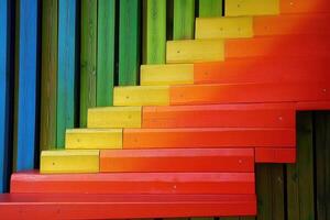 A rainbow colored staircase with a wooden wall photo