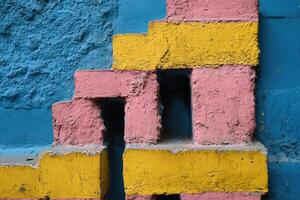 A wall with pink and yellow bricks photo