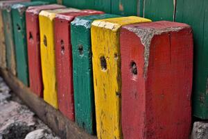 A row of colorful wooden posts photo