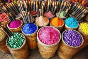 Colorful powders in wooden barrels photo