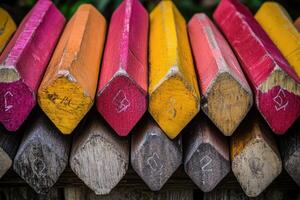 Colorful pencils are stacked on top of each other photo