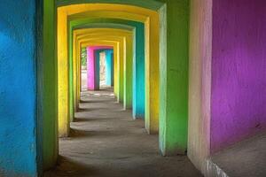 A colorful hallway with many colorful doors photo