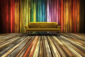 A yellow couch in front of a colorful wall photo