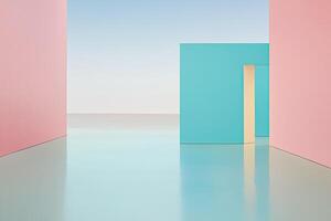 A pink and blue room with a door and a window photo