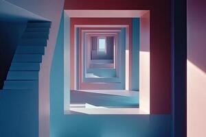 A stairway with blue and pink walls and a light photo