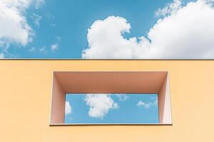 A square window in a yellow building photo